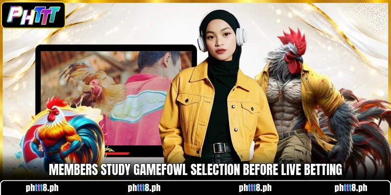 Members study Gamefowl Selection before live betting
